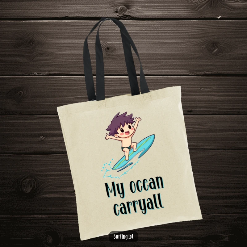 Funny tote bag with a surfer riding a surfboard, arms outstretched in exultation, perfect for beach trips.
